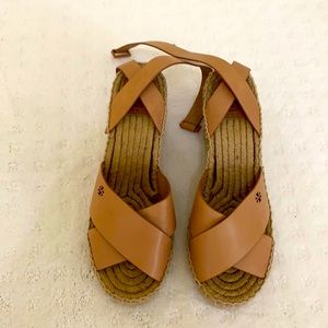 Tory Burch ankle wrap around espadrille wedges
